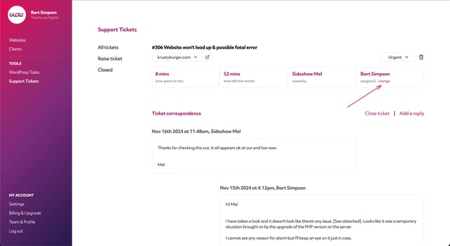 screenshot of glow showing where to start the process of assigning a support ticket to a teammate