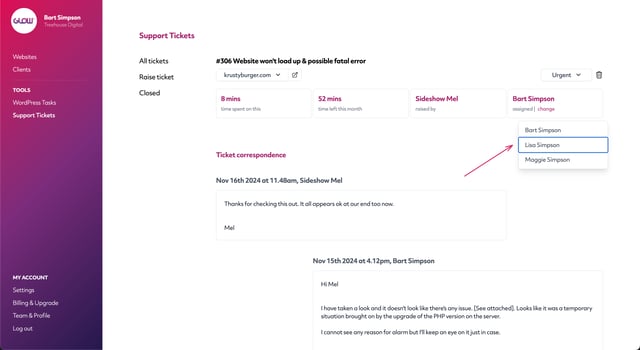 screenshot of glow showing how you select a teammate that you want to assign a ticket to