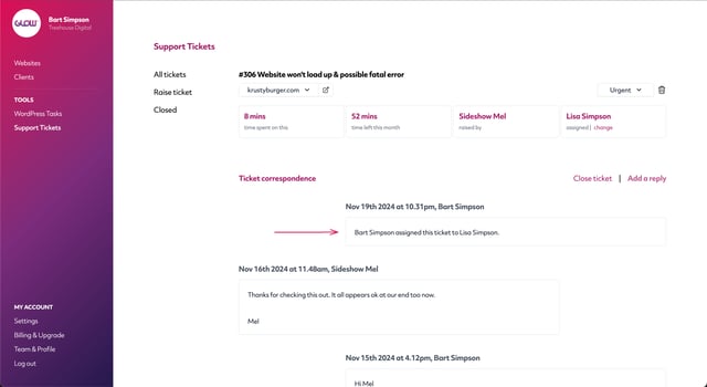 screenshot of glow showing the note on a ticket that confirms it has been assigned to a teammate