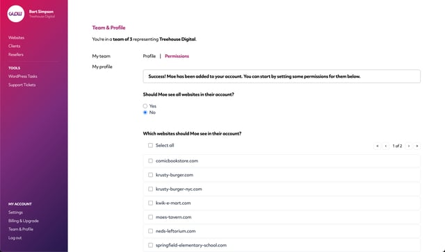 glow screenshot of how to assign websites to your new teammate
