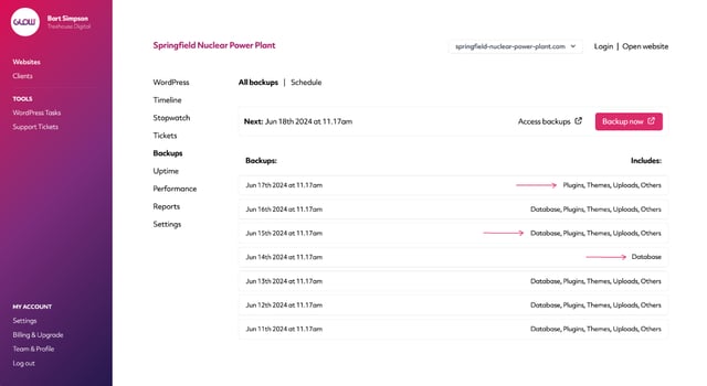 screenshot of backups screen showing the contents included in each backup