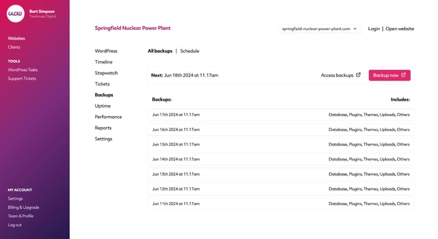 screenshot of glow showing the main backups screen of a website