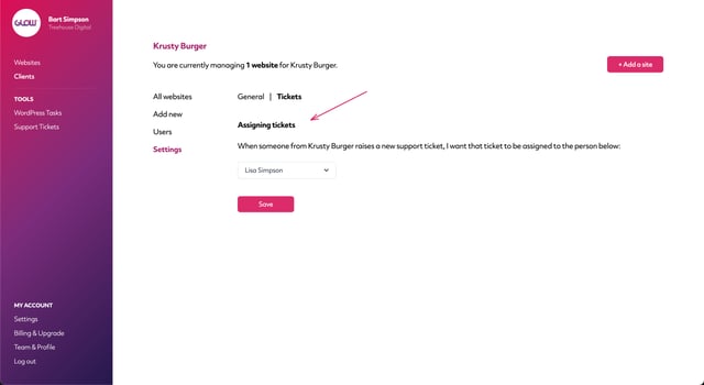 screenshot of glow on the tickets screen of the client area, where you can choose which teammate gets notified when this client raises a ticket