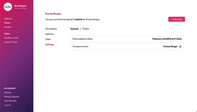 glow screenshot showing the settings section of the client area where you can change basic client information