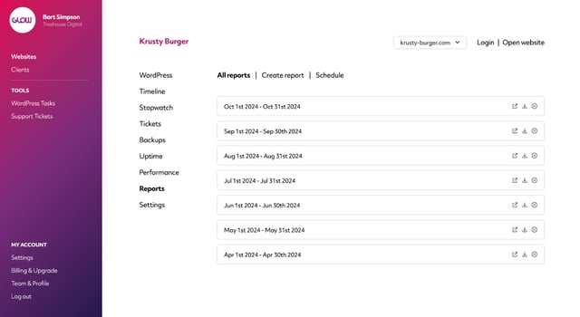 screenshot displaying all historical reports created for a single client