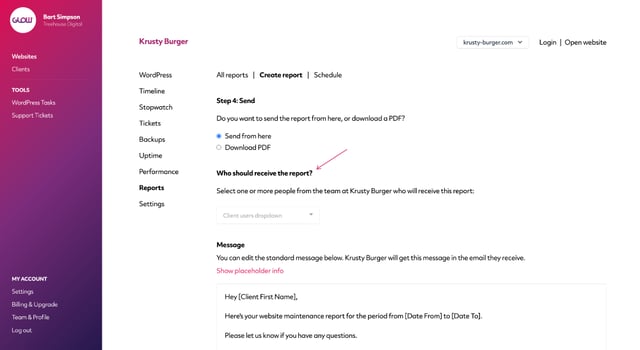 screenshot of glow app showing the option to choose which client team members receive the report