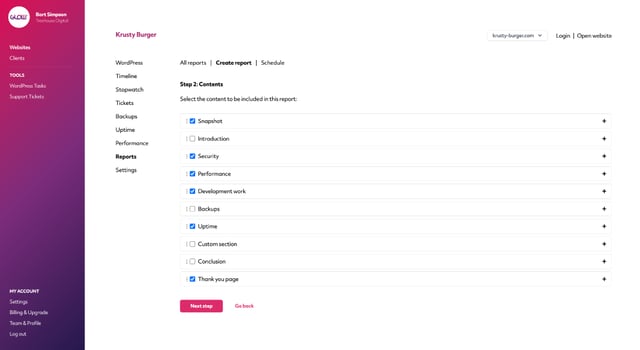 screenshot of glow app showing how you are able to select different sections of content to include in your client reports