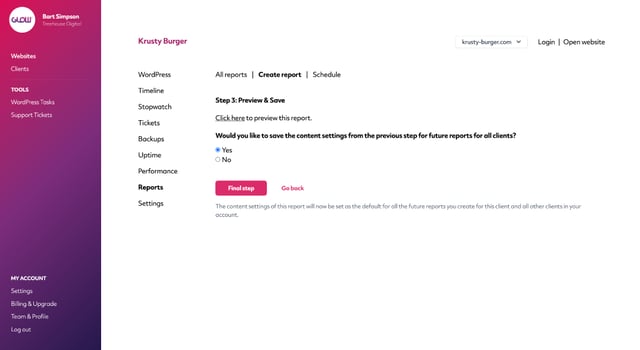 screenshot of glow showing the option to preview a report before sending it and to save it as a default template