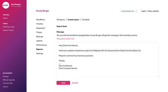 screenshot showing the email template that you can edit in order to send a report to your client