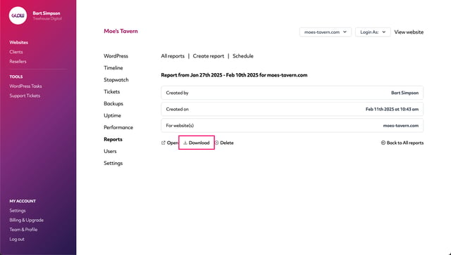 glow screenshot showing another way to download a client report