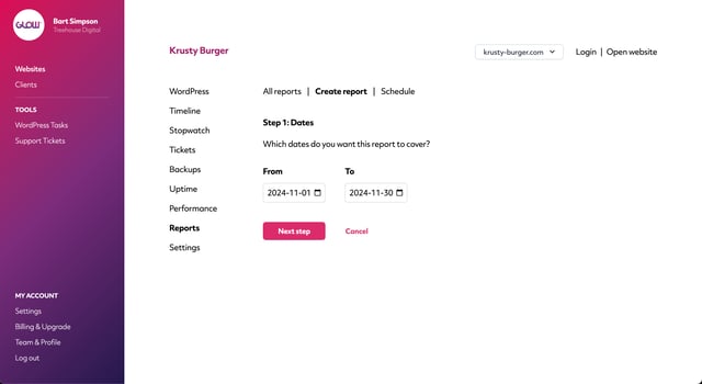 screenshot of the report creation process in glow, where you select the report dates