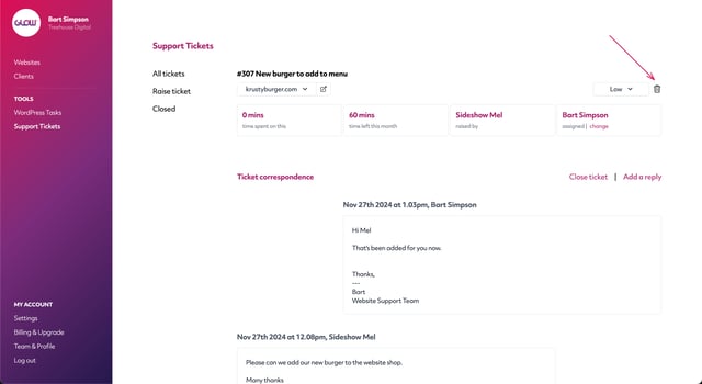 screenshot of glow on the delete ticket screen, part 1