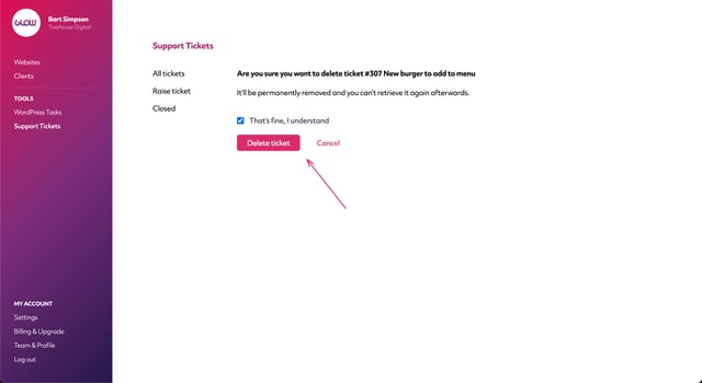 screenshot of glow on the delete ticket screen, part 2