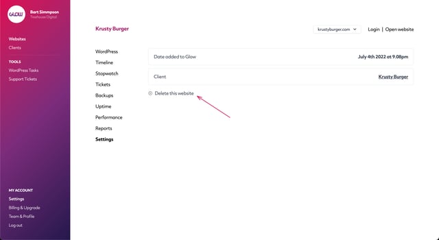 screenshot of glow on the delete website screen, part 1