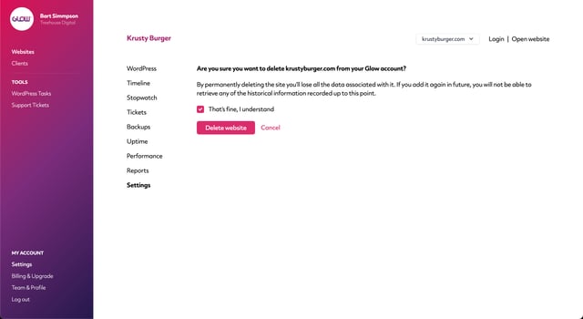 screenshot of glow on the delete website screen, part 2