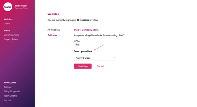 screenshot showing how you can select an existing client to allocate a website to when you are adding a new website