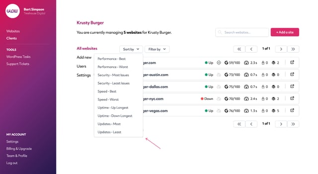 screenshot showing the options available to sort multiple sites for the same client