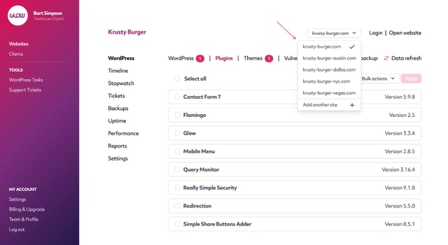 screenshot showing how you can quickly switch between sites for the same client
