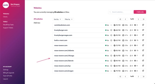 screenshot of the websites screen in glow, showing an entire multisite network