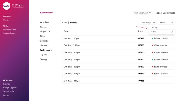 screenshot of glow showing how you can switch between desktop and mobile performance scan results
