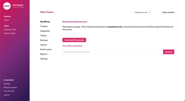 screenshot of glow showing the action needed to reconnect a website