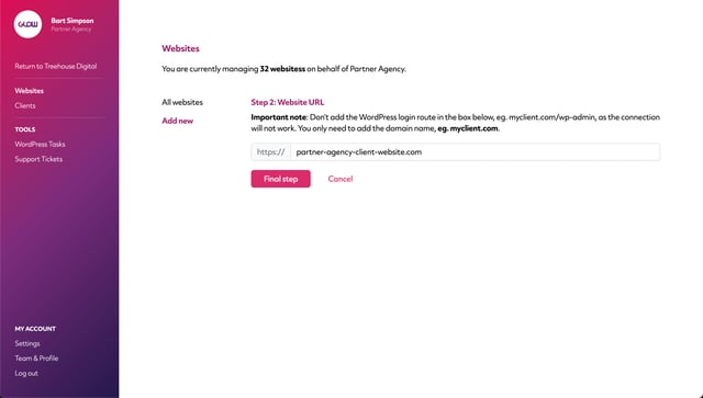 glow screenshot showing how to add a website to a partner agency dashboard