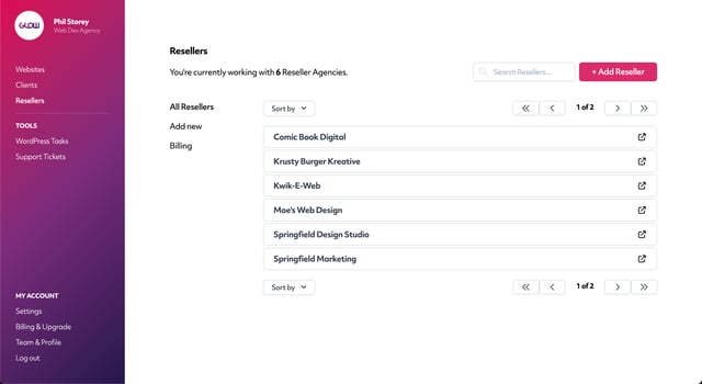 screenshot of glow, showing the main resellers section