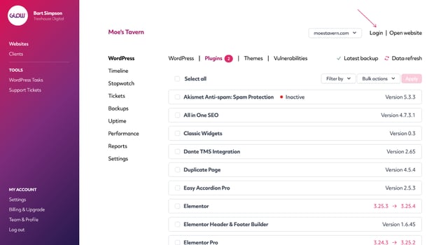 screenshot of glow showing how you can login to a client's website in one click