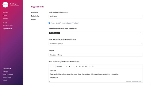glow screenshot of completing the raise ticket form so that you can raise a ticket to your client