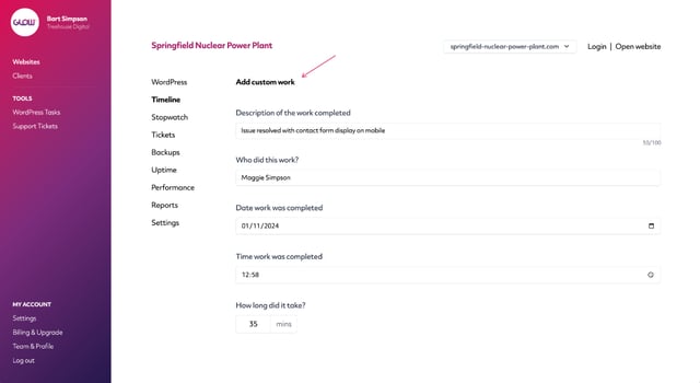 screenshot of the add work feature