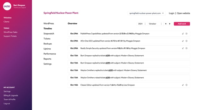 screenshot of timeline in glow, showing all actions completed for a website