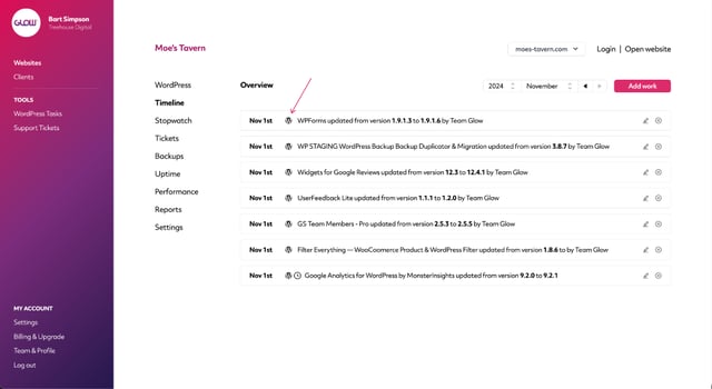 screenshot of timeline in glow, showing actions for a website that were performed in wordpress