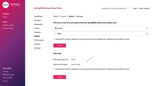 wordpress uptime monitor, screenshot of glow app on the uptime alerts screen, where you can setup recurring and prolonging notifications