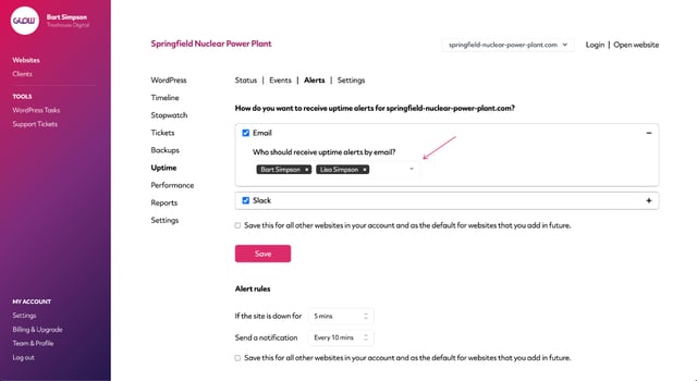 wordpress uptime monitor, screenshot of glow app on the uptime alerts screen, where you can choose who in your team receives notifications