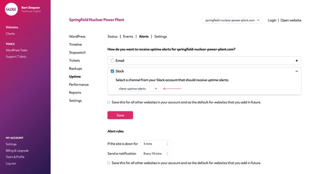 screenshot of glow showing how you can set your preferred slack channel to be notified of any website downtime