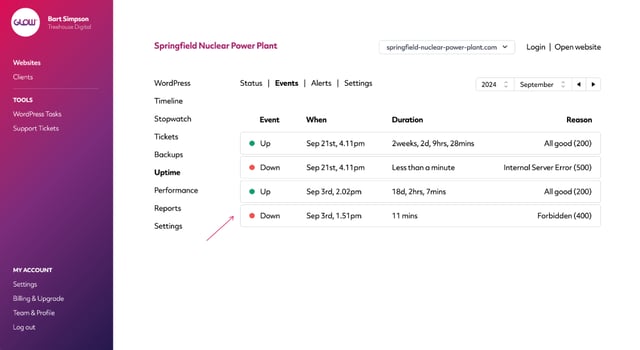 wordpress uptime monitor, screenshot of glow app on the uptime events screen, where you can see an accurate record of the up and down events on your client's website