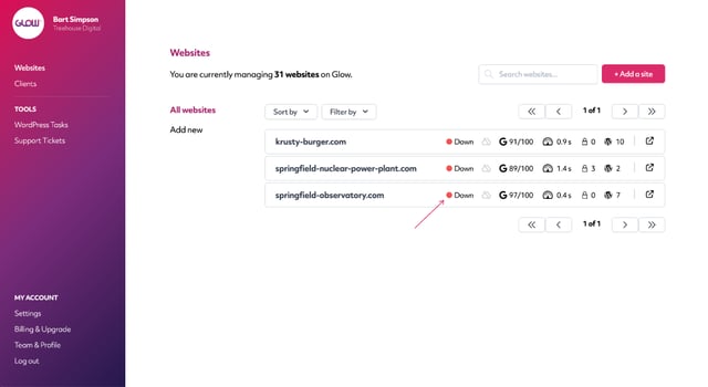 wordpress uptime monitor, screenshot of glow app on the websites screen, where you can filter your clients' sites to only those that are currently offline