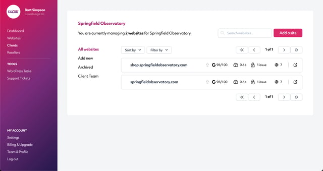 this image displays the client area screen from the glow wordpress management app - it allows you to view the sites you manage for a client