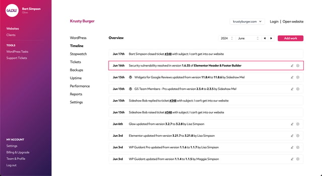 screenshot of the timeline feature in glow, showing confirmation of a resolved security vulnerability