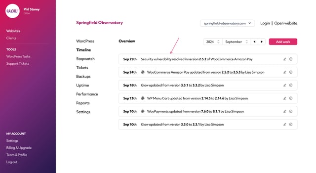 screenshot showing timeline where all resolved security vulnerabilities are recorded