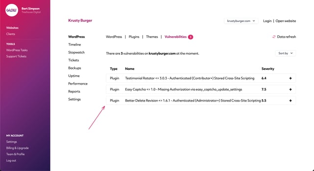 screenshot of the vulnerabilities screen in glow