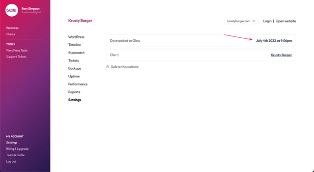screenshot of the website area in glow, on the settings screen