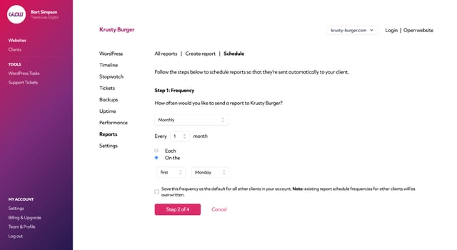 screenshot of glow app showing the website maintenance report schedule options