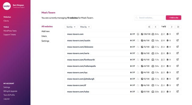 screenshot of glow dashboard where you can manage your clients' wordpress multisites networks