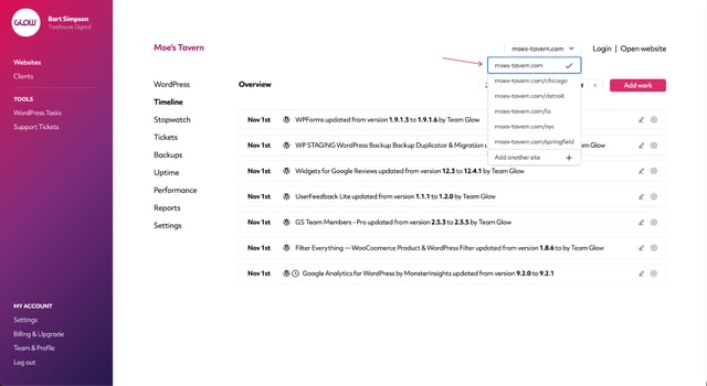 screenshot of glow dashboard where you can quickly switch between websites in your wordpress multisite network