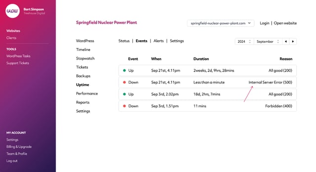 wordpress uptime monitor, screenshot of glow app on the uptime events screen, where you can see the reason why your client's site went down