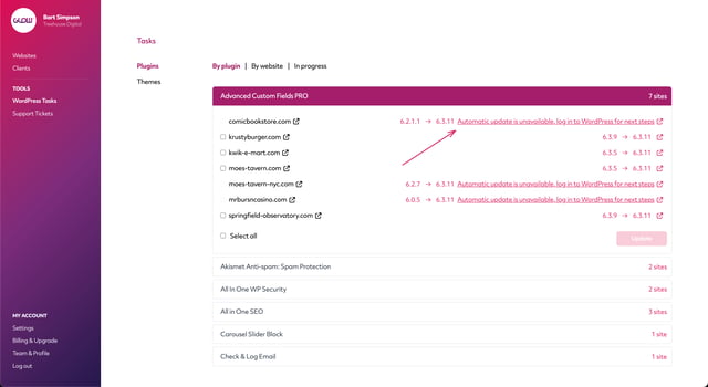 screenshot of the wordpress updates screen in glow