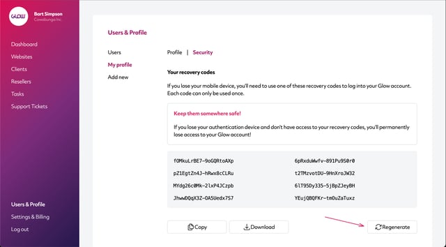 manage multiple wordpress sites with glow - generate new 2FA recovery codes - part 3