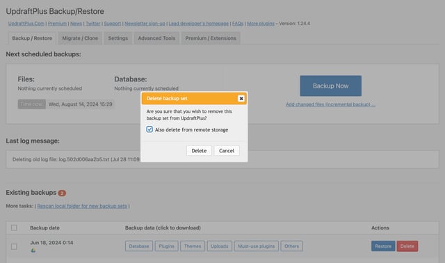 wordpress management glow, screenshot of popup that appears while deleting a backup