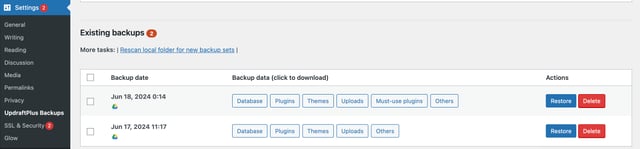 wordpress management glow, screenshot of downloading a backup